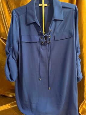 Calvin Klein Royal Blue Lace-Up Collared Blouse
